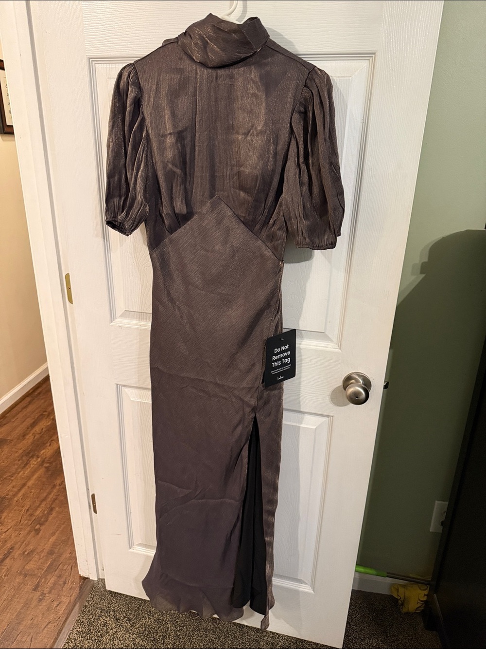 Lulu's Metallic Taupe High-Neck Maxi Dress with Puff Sleeves - Picture 3 of 9